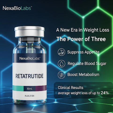 NexaBioLabs RETATRUTIDE injection bottle with product features on a futuristic background